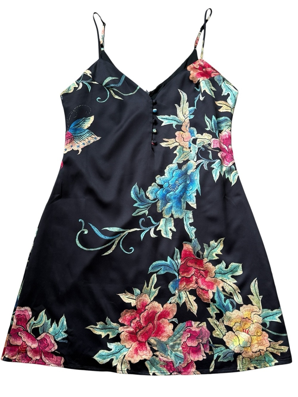 By the Way Satin Floral Slip Dress Medium Black Moody Peony Y2K Fairycore Mini
